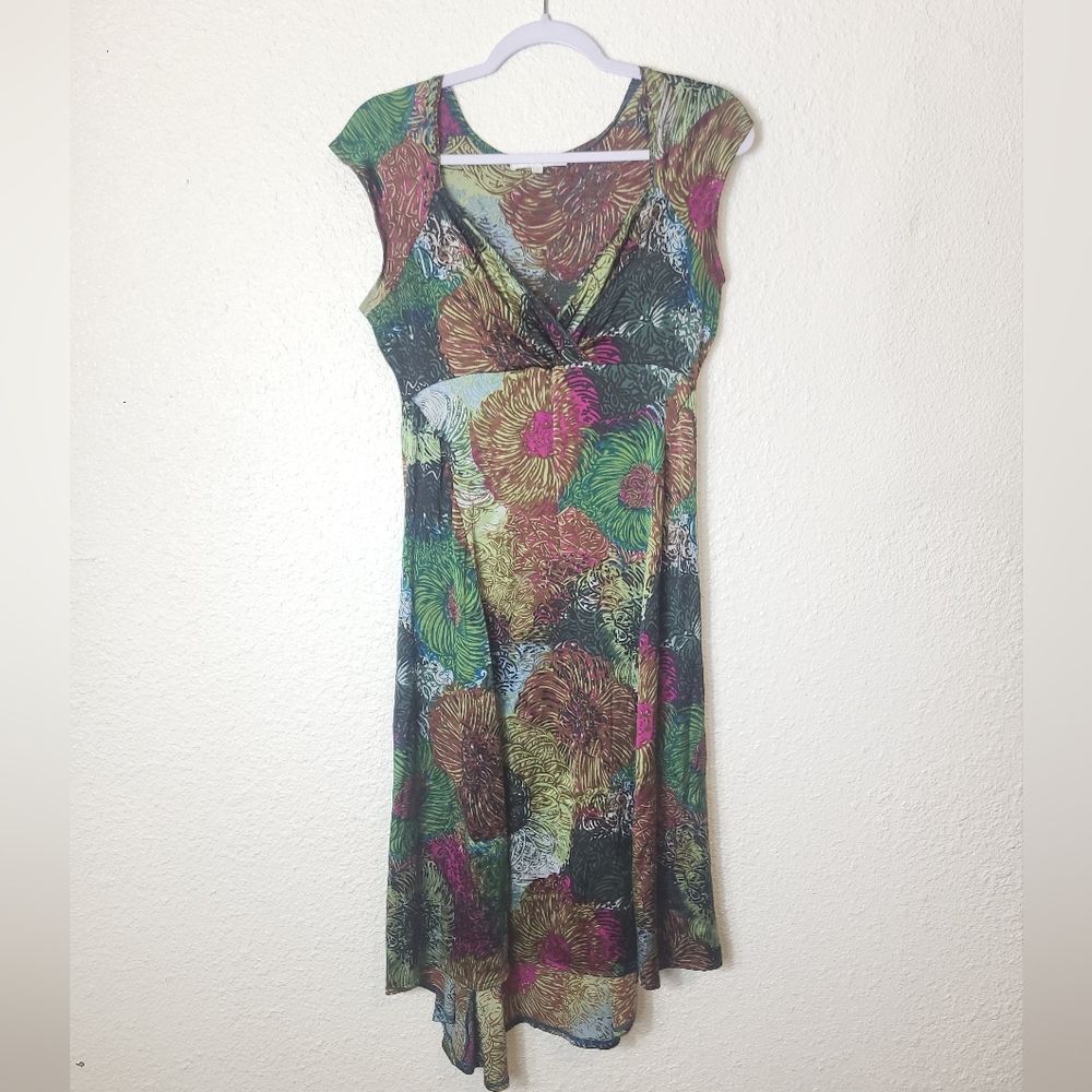 Tone Barker Silk Multicolor Cap Sleeve Floral Vneck Dress Large